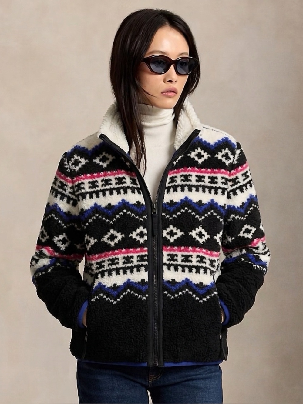 RALPH LAUREN Women’s Jacquard Aztec Full Zip Fleece Jacket, Multicolour, Medium